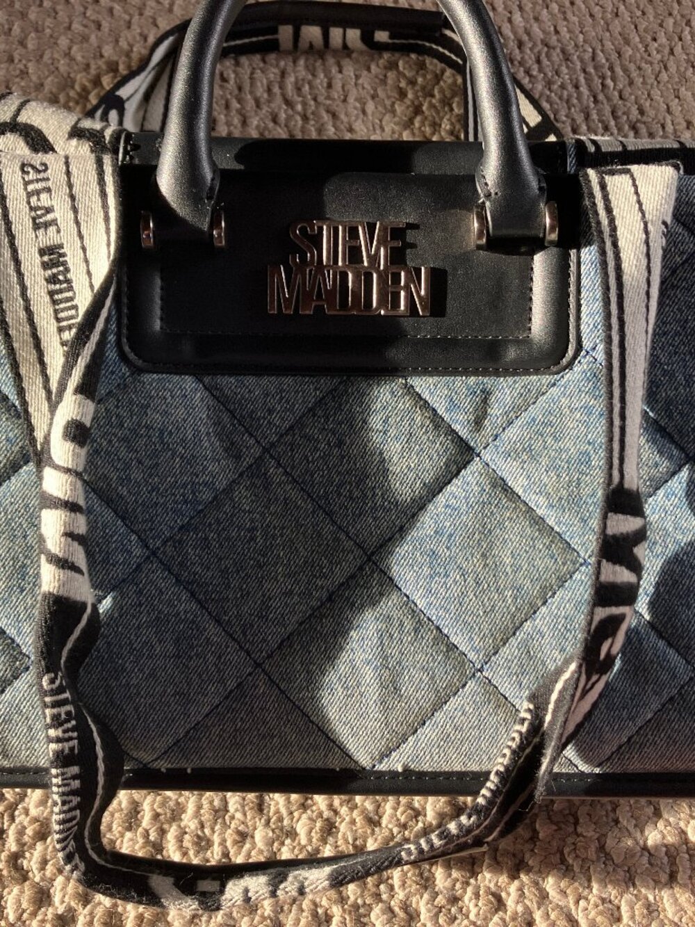 Steve Madden Washed Denim Quilted Satchel Purse Wide Logo Strap